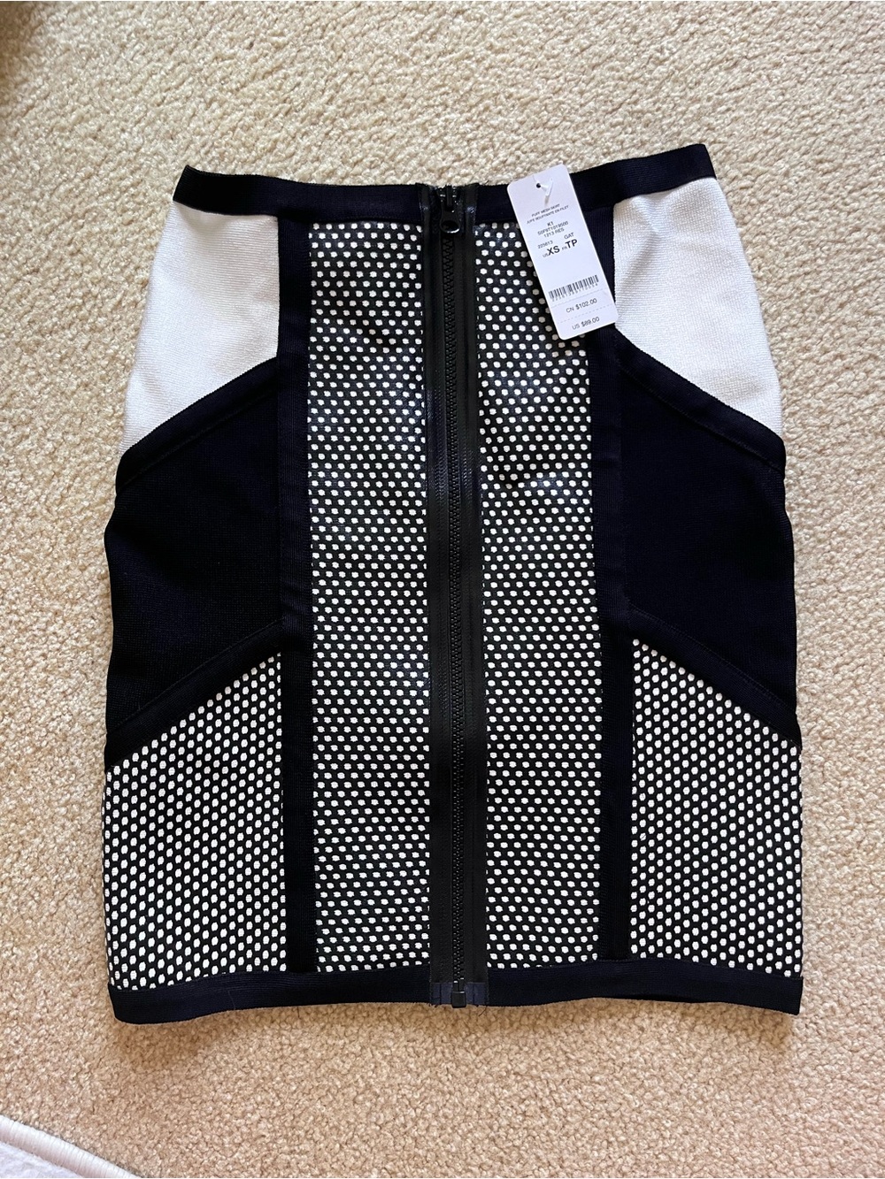 bebe Black and White Mesh-Panel Front-Zip Bodycon Skirt